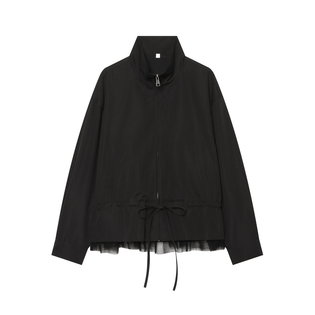 Damen Leichte Cropped Übergangsjacke mit Stehkragen, Tunnelzugtaillierung und Tüllbesatz Nord Taschen