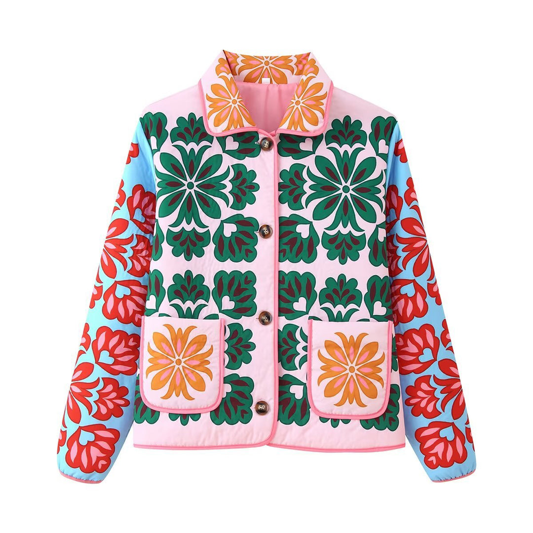 Damen 10+ gequiltete Steppjacke mit folklorischem Blumenprint und aufgesetzten Taschen Nord Taschen