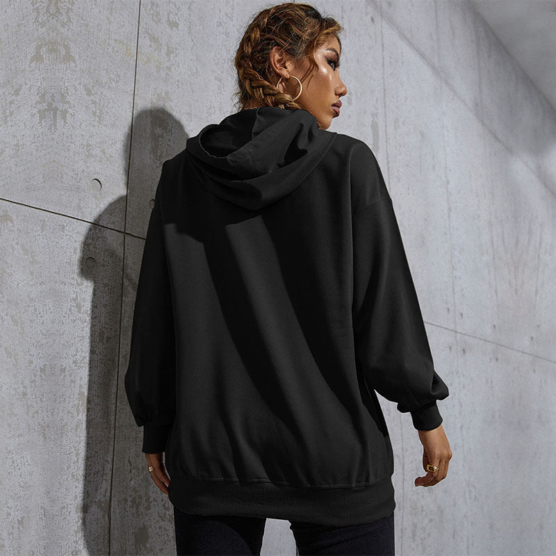 Damen Lässiger Oversize-Kapuzenpullover mit Statement-Print, Kängurutasche und Rippbündchen Nord Taschen