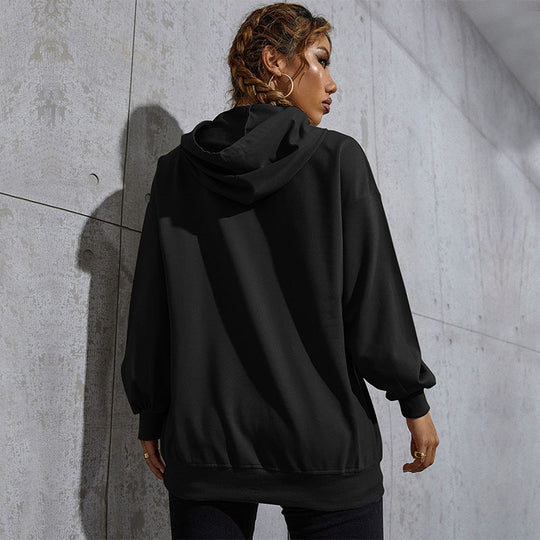 Damen Lässiger Oversize-Kapuzenpullover mit Statement-Print, Kängurutasche und Rippbündchen Nord Taschen