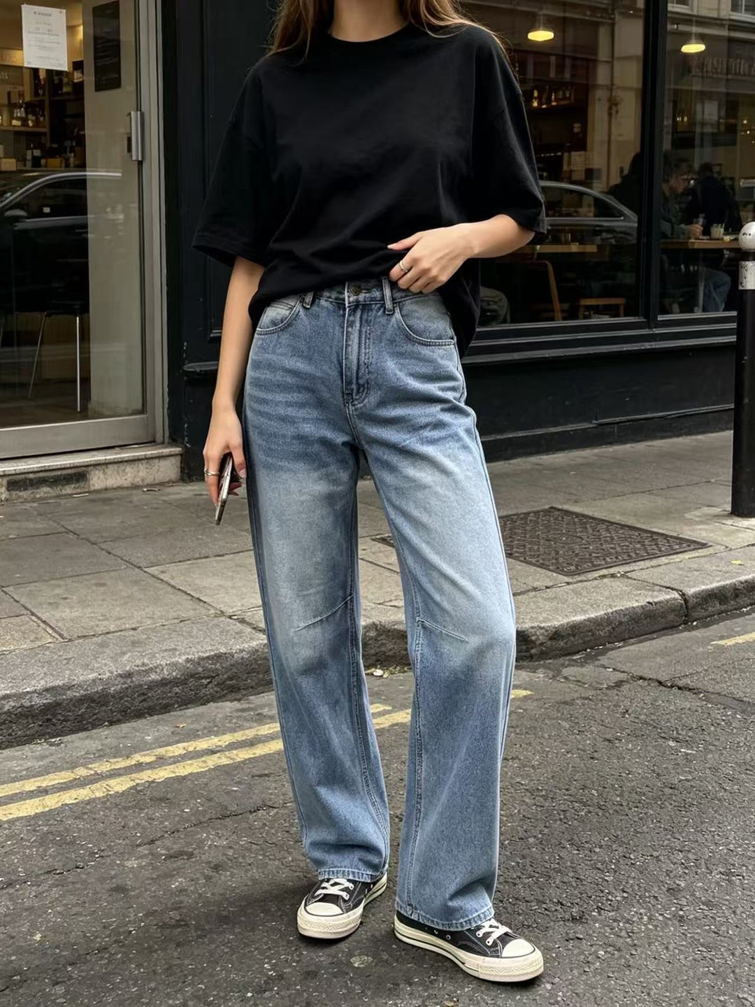 Damen hochgeschnittene weite Jeans mit geradem Bein, Knieabnähern und klassischem Five‑Pocket‑Schnitt Nord Taschen