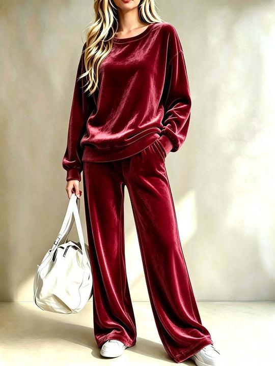 Damen Weiches Velours-Loungewear-Set mit weitem Bein und Rundhalsausschnitt Nord Taschen