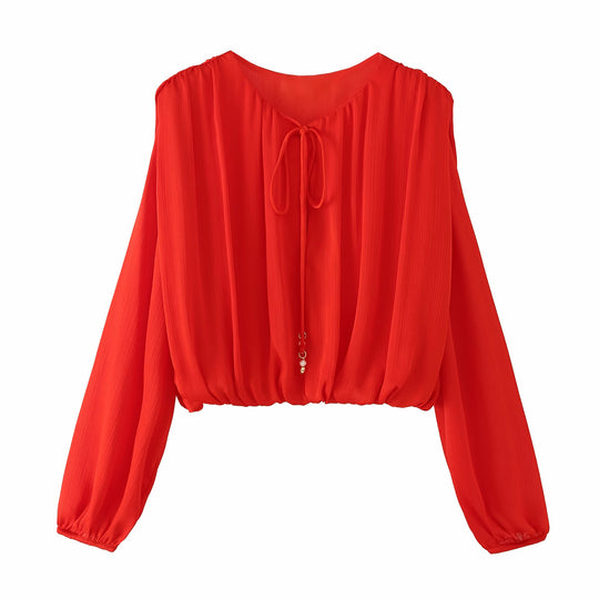 Damen Leichte Plissée-Cropped-Bluse mit Tunnelzugkragen und Ballonärmeln Nord Taschen