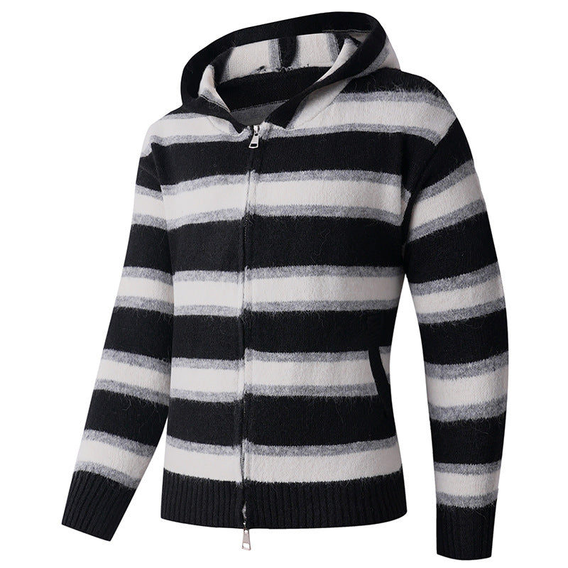 Herren Flauschige Kapuzen‑Strickjacke mit Doppelreißverschluss, Rippbündchen und horizontalem Streifenmuster Nord Taschen