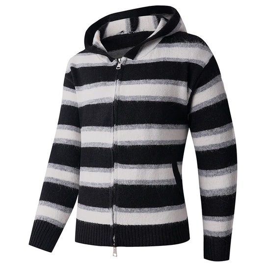 Herren Flauschige Kapuzen‑Strickjacke mit Doppelreißverschluss, Rippbündchen und horizontalem Streifenmuster Nord Taschen