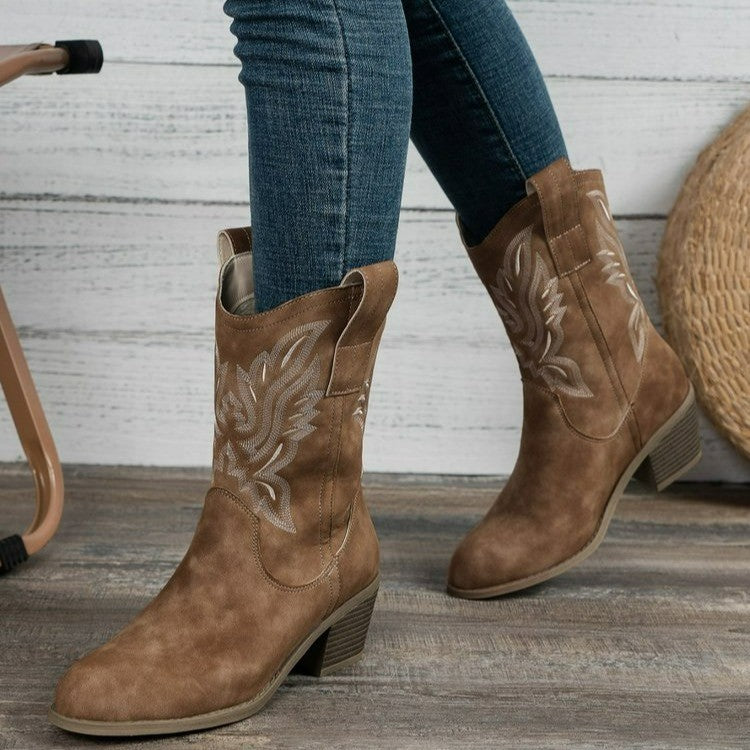 Damen Western-Boots im Vintage-Stil mit Stickerei, Schlupfprofil und leichtem Blockabsatz Nord Taschen