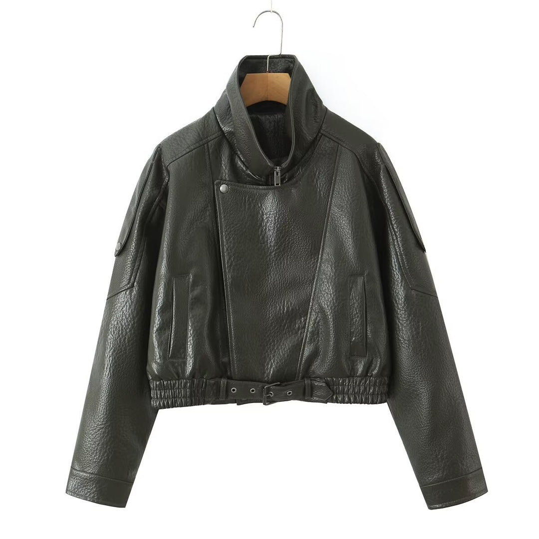 Damen Cropped Bikerblouson aus veganer Lederoptik mit asymmetrischer Frontpatte und Taillenbund Nord Taschen