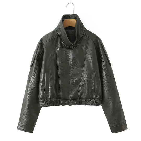 Damen Cropped Bikerblouson aus veganer Lederoptik mit asymmetrischer Frontpatte und Taillenbund Nord Taschen