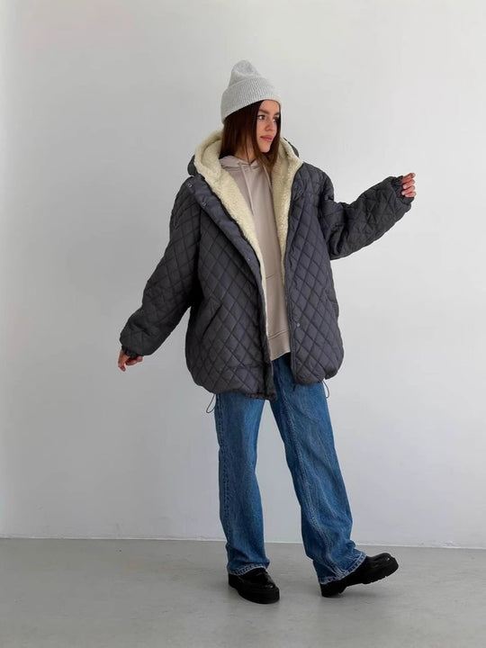 Damen Oversize Steppjacke mit Teddyfutter und Kapuze Nord Taschen