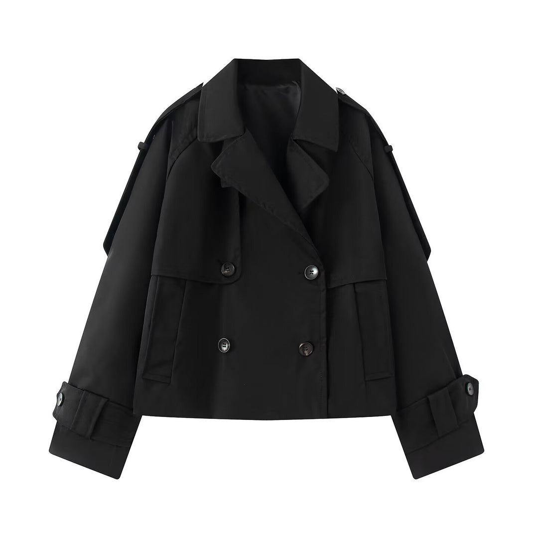 Damen Kurz geschnittener Cropped-Trenchcoat mit doppelreihiger Knopfleiste und Schulterklappen Nord Taschen