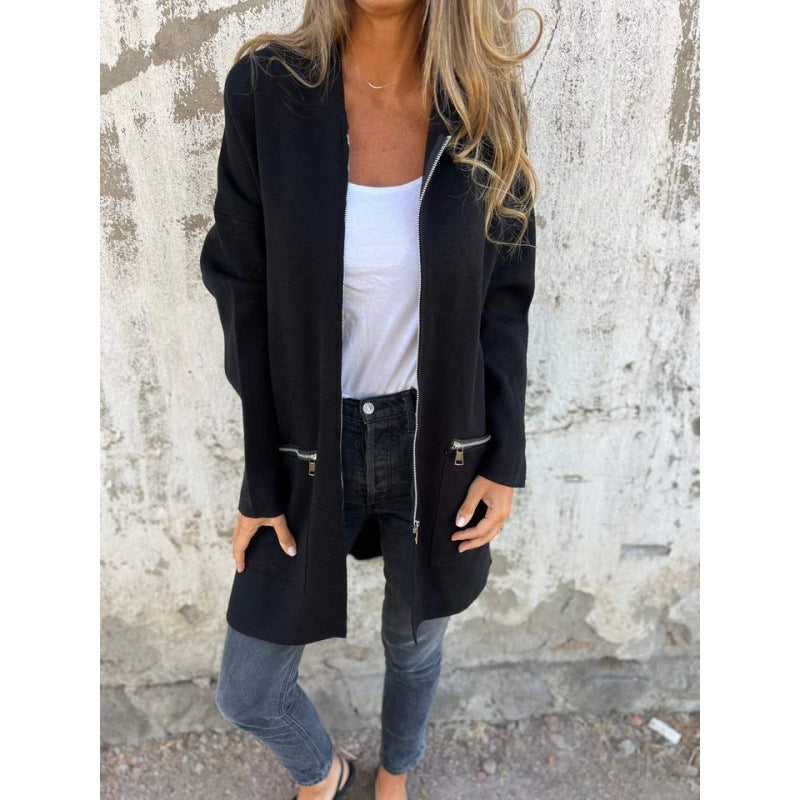 Damen Kapuzen-Longcardigan mit durchgehendem Reißverschluss und Ziertaschen Nord Taschen