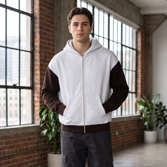 Herren Reißverschluss-Kapuzenjacke im Colorblock-Stil aus French-Terry mit Kängurutasche Nord Taschen