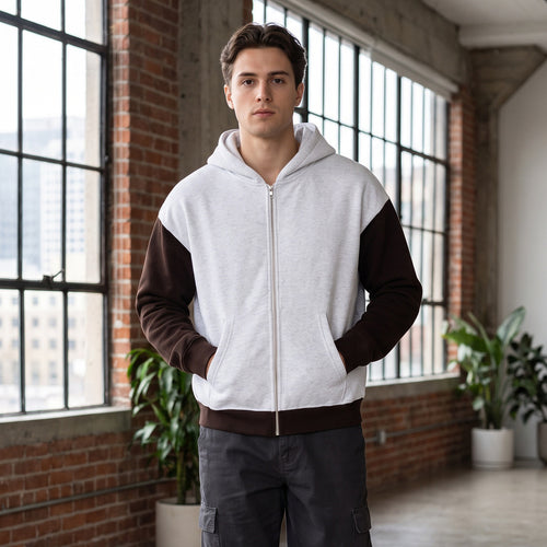 Herren Reißverschluss-Kapuzenjacke im Colorblock-Stil aus French-Terry mit Kängurutasche Nord Taschen