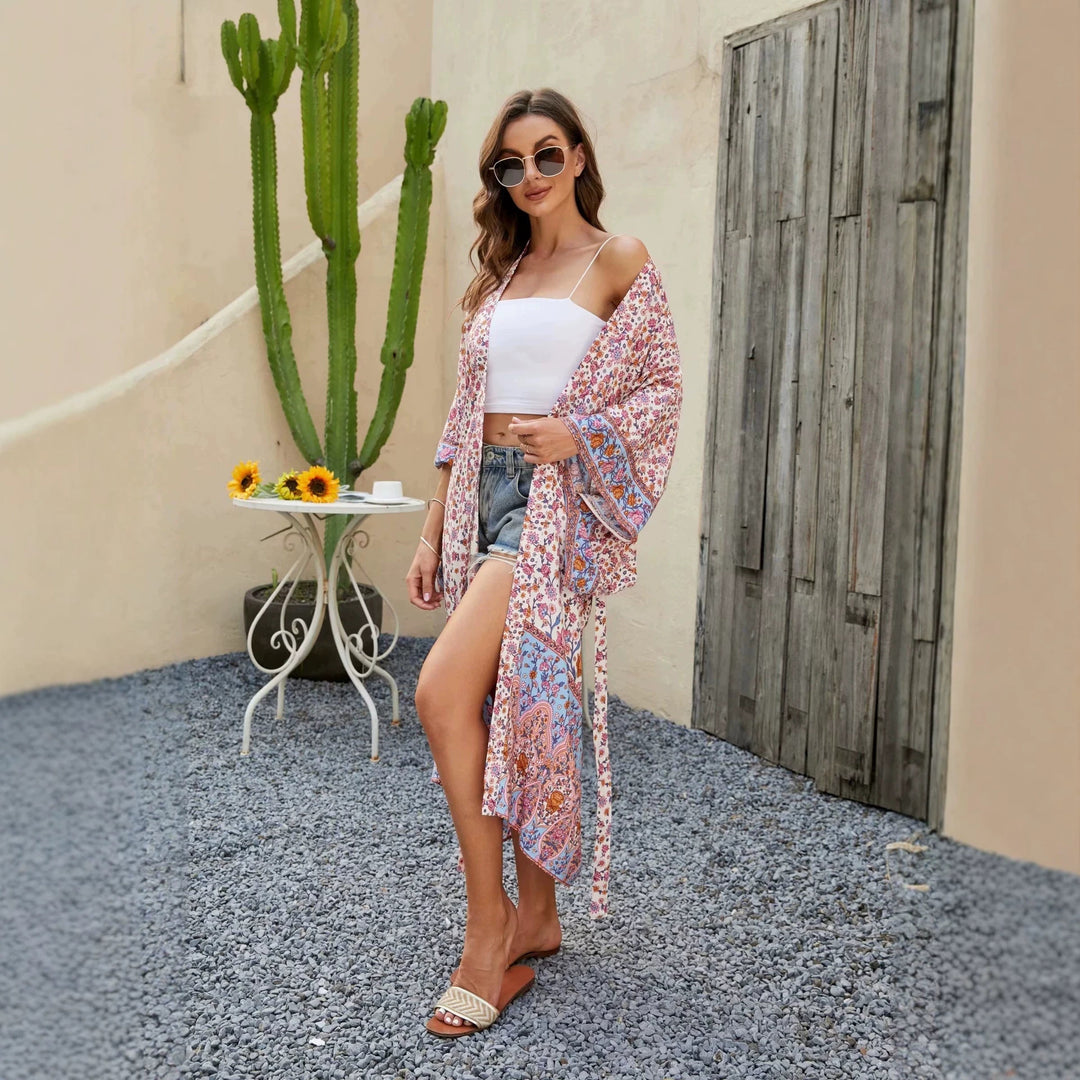 Damen Kurzer Boho-Kimono-Morgenmantel mit Bindegürtel und breiten Kimonoärmeln Nord Taschen