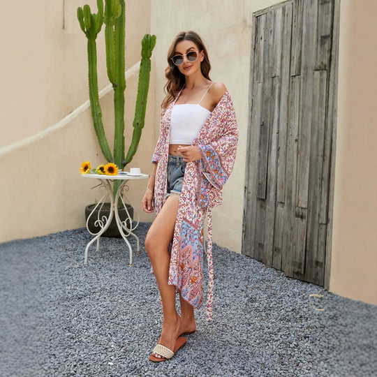 Damen Kurzer Boho-Kimono-Morgenmantel mit Bindegürtel und breiten Kimonoärmeln Nord Taschen