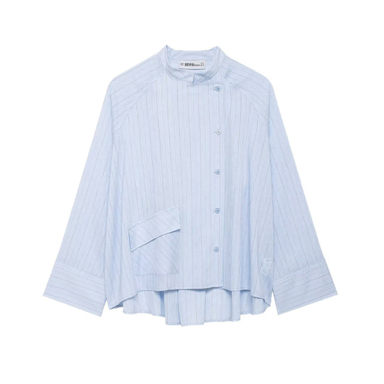 Damen Oversize-Hemdbluse mit Stehkragen, asymmetrischer Knopfleiste und hohem Saum Nord Taschen