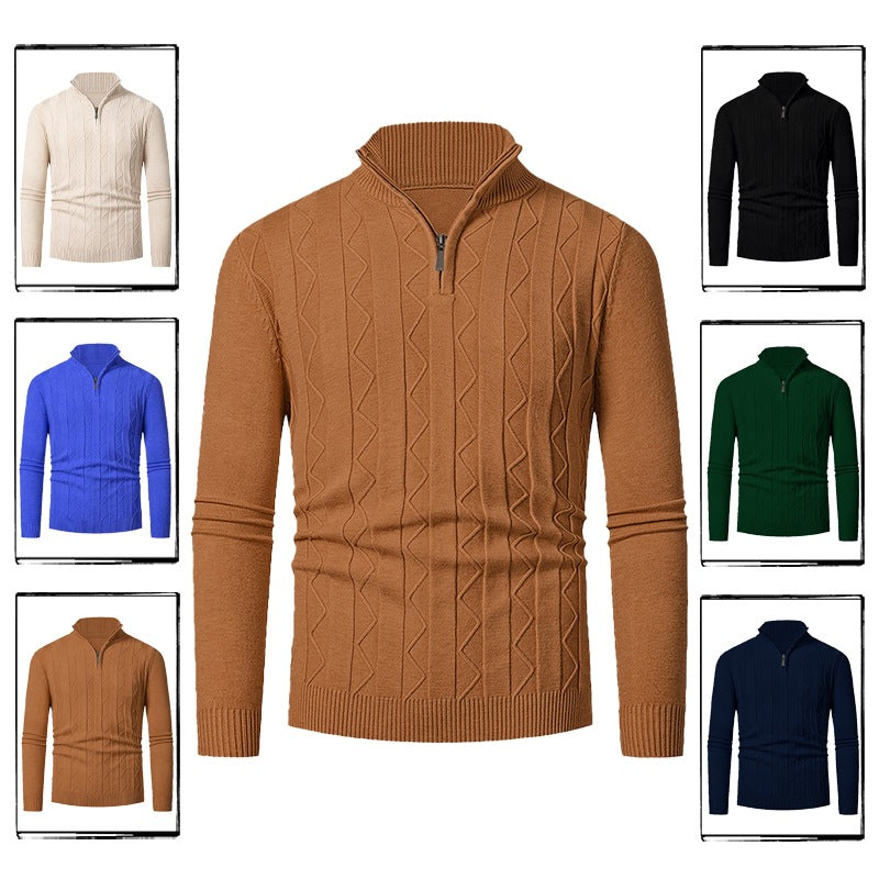 Herren Feinstrick-Halbzip-Pullover mit Zopfmuster und Stehkragen Nord Taschen