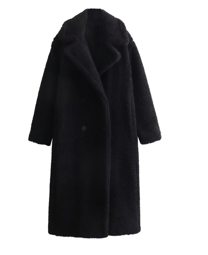 Damen 900+ langer Teddy‑Mantel im Oversize‑Cut mit Doppelreihe, Reverskragen und wärmender Innenfutter Nord Taschen