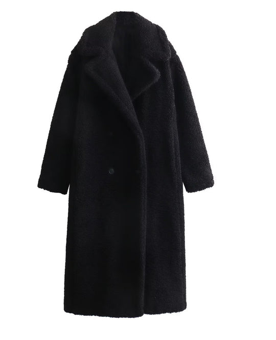 Damen 900+ langer Teddy‑Mantel im Oversize‑Cut mit Doppelreihe, Reverskragen und wärmender Innenfutter Nord Taschen