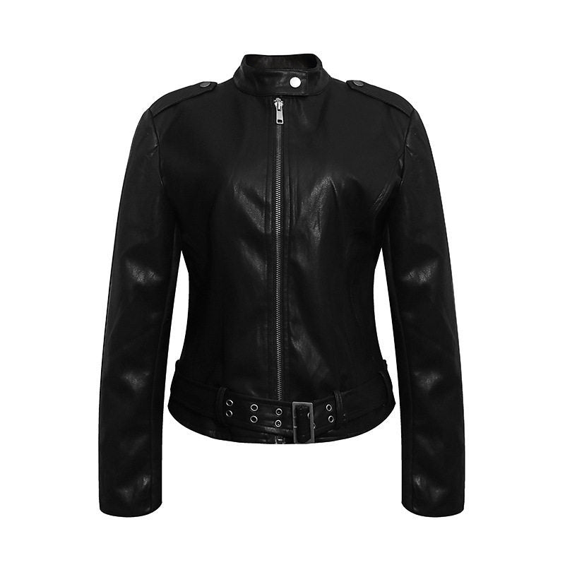 Damen Taillierte Lederoptik-Jacke mit Stehkragen, Schulterklappen und Taillengürtel Nord Taschen