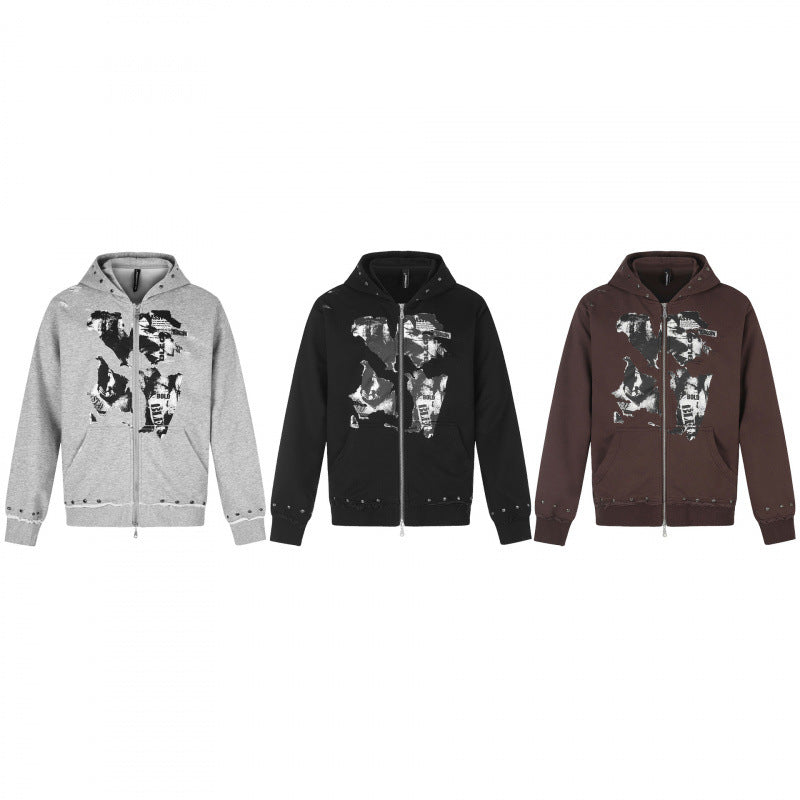[Herren] Kapuzensweatjacke mit durchgehendem Reißverschluss, Vintage‑Print und Nietenbesatz Nord Taschen