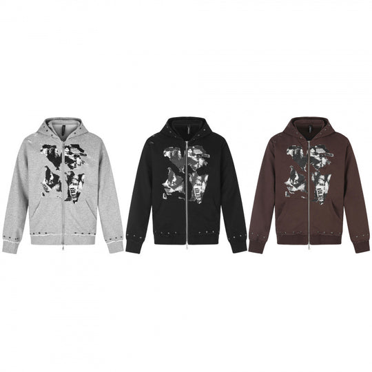 [Herren] Kapuzensweatjacke mit durchgehendem Reißverschluss, Vintage‑Print und Nietenbesatz Nord Taschen