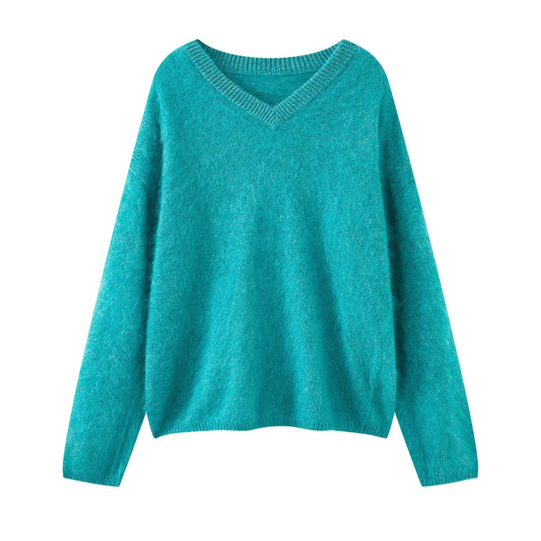 Damen Weicher Fluffy V‑Ausschnitt Pullover mit lockerer Silhouette Nord Taschen