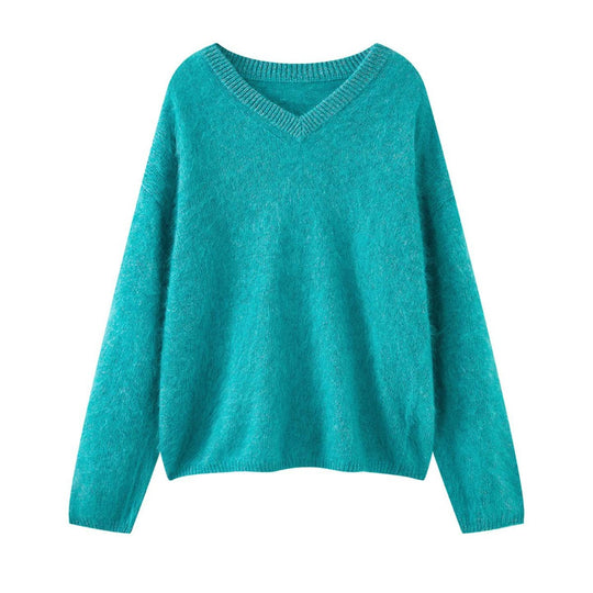 Damen Weicher Fluffy V‑Ausschnitt Pullover mit lockerer Silhouette Nord Taschen