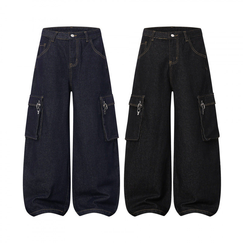 Damen Ballonförmige Cargo-Jeans mit hoher Taille, weitem Bein und aufgesetzten Klappentaschen Nord Taschen