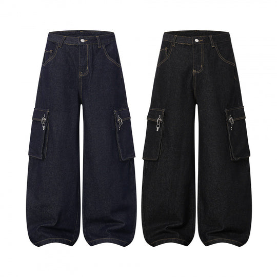 Damen Ballonförmige Cargo-Jeans mit hoher Taille, weitem Bein und aufgesetzten Klappentaschen Nord Taschen