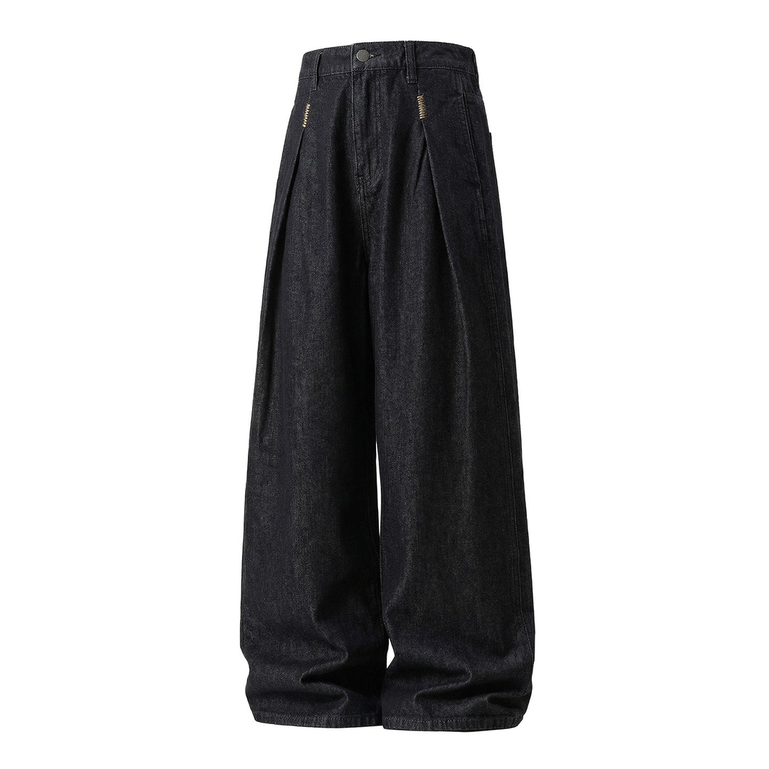 Damen Hochgeschnittene Extraweite Denim-Palazzohose mit Kellerfalten und weitem Bein Nord Taschen