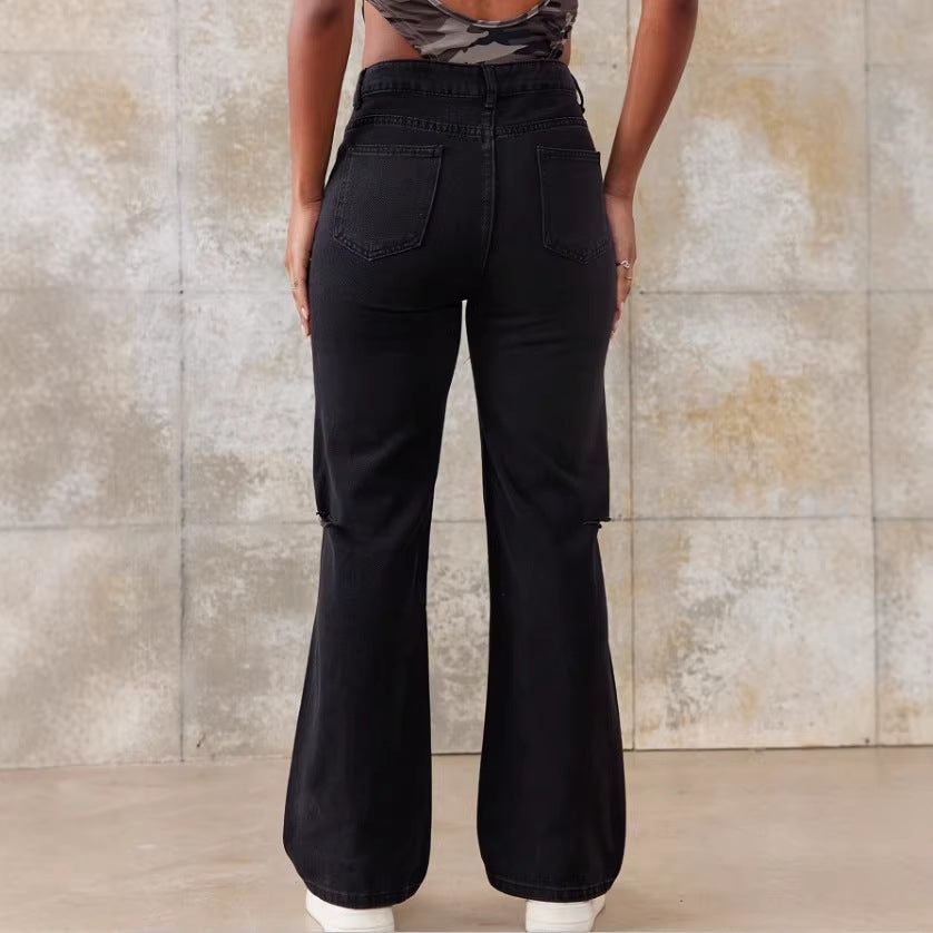 Damen High-Waist Straight-Jeans mit weitem Bein, Knie-Rip und strukturierter Denim-Optik Nord Taschen