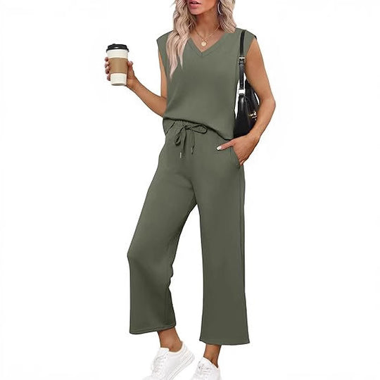 Damen Lässiges Zweiteiliges Lounge-Set mit Ärmellosem V-Neck-Top und Weiten Kordelbund-Hosen Nord Taschen