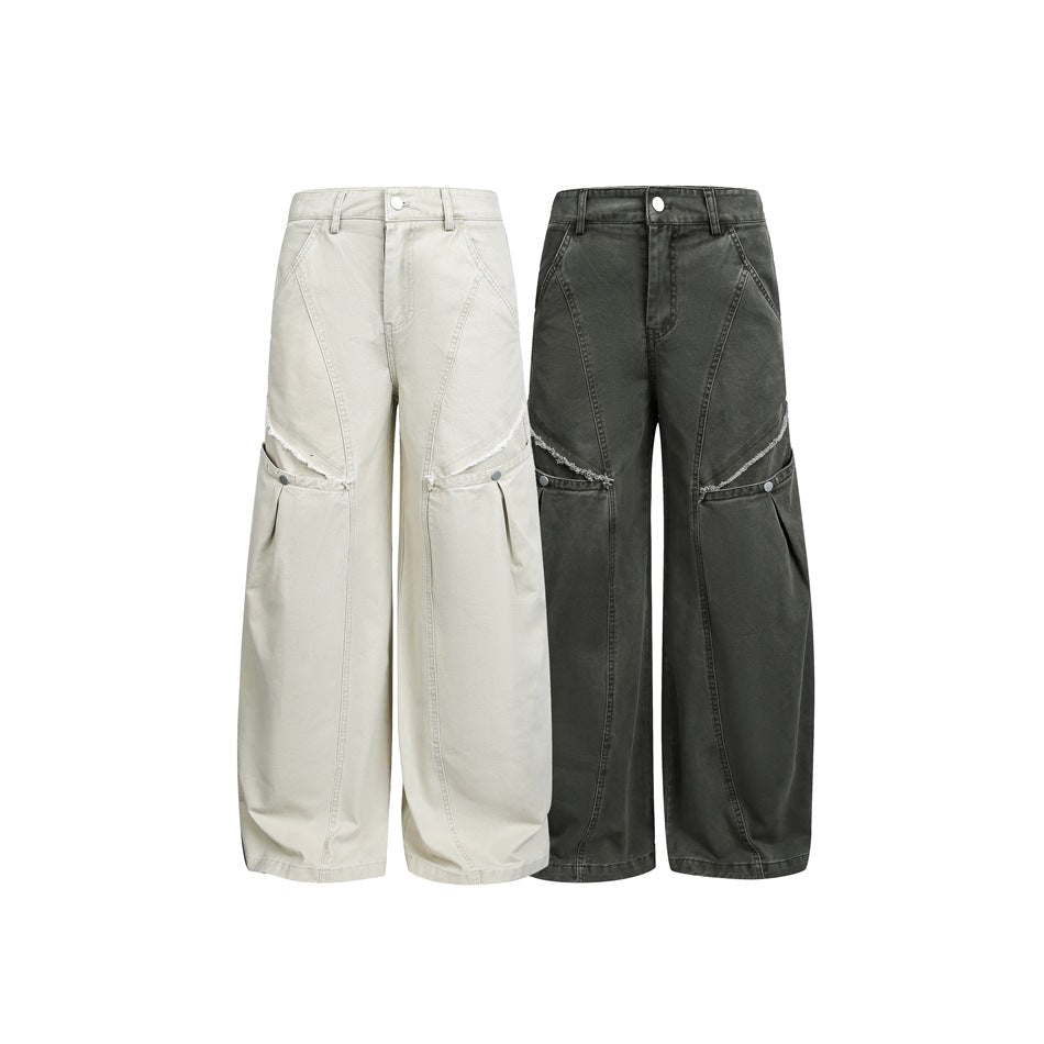 Damen Weite High‑Waist Cargo‑Hose im Vintage‑Workwear‑Look mit Aufgesetzten Taschen und Fransen-Details Nord Taschen