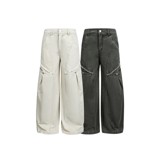 Damen Weite High‑Waist Cargo‑Hose im Vintage‑Workwear‑Look mit Aufgesetzten Taschen und Fransen-Details Nord Taschen