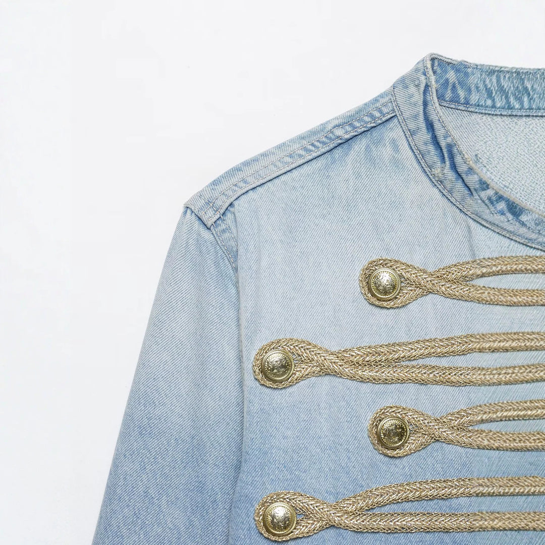 Damen Kurzer Denim-Militärblouson mit dekorativen Kordeln und Stehkragen Nord Taschen