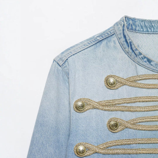 Damen Kurzer Denim-Militärblouson mit dekorativen Kordeln und Stehkragen Nord Taschen