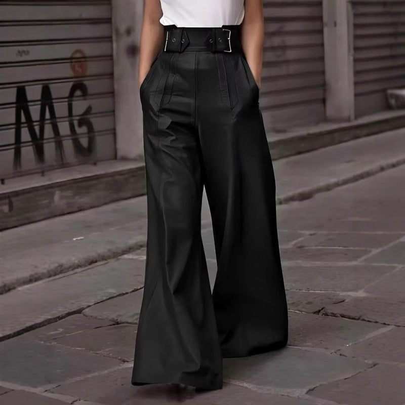 Damen weite High-Waist Palazzo-Hose aus Lederimitat mit Breitbund Nord Taschen
