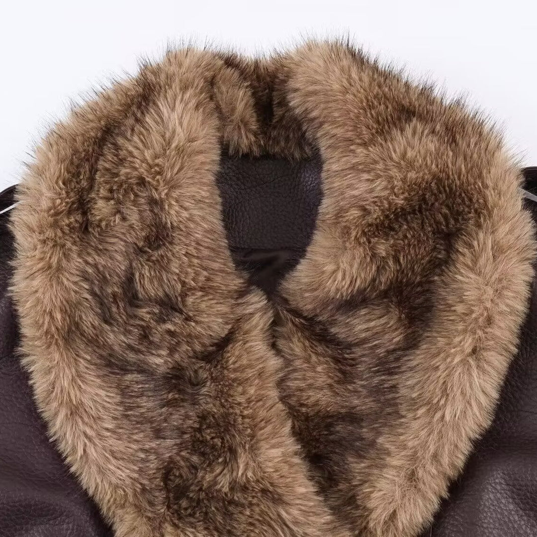 Damen Lederimitat Bomberjacke mit großem Kunstpelzkragen Nord Taschen