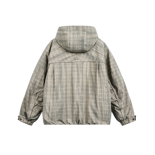Unisex Oversize Utility Kapuzenjacke mit Karomuster und Kordelzug Nord Taschen