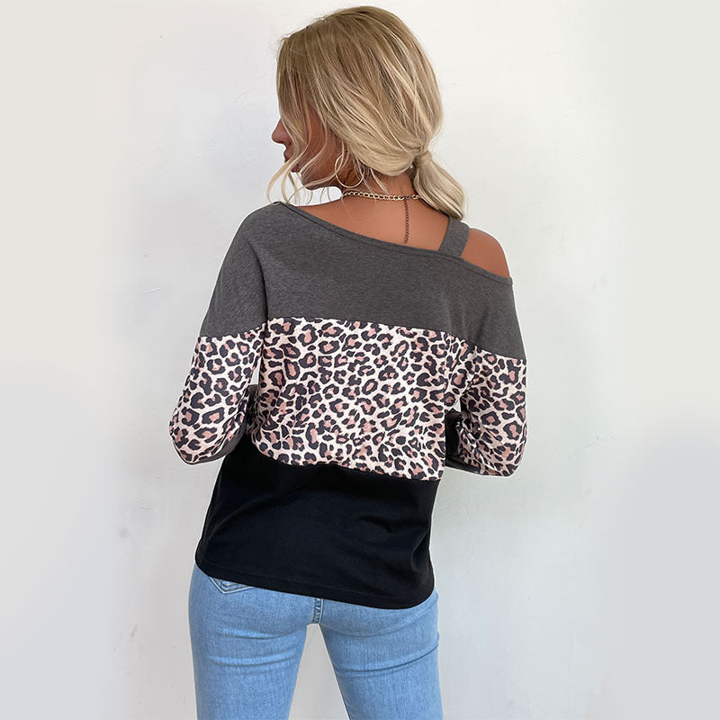 Damen Legerer Off-Shoulder Pullover mit Leoparden‑Print, Kontrastblöcken und Spaghettiträger Nord Taschen