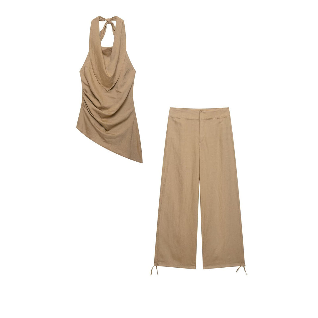 Damen Hochtaillierte Leinen-Mix Weite Hose mit Tunnelzug-Bund und Kordel-Saum Nord Taschen