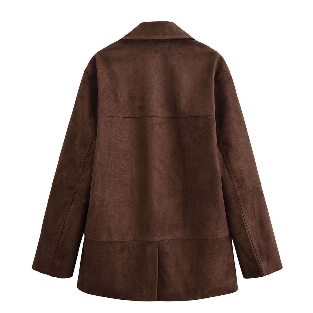 Damen Oversize Wildlederoptik-Blazerjacke mit Reverskragen und Pattentaschen Nord Taschen