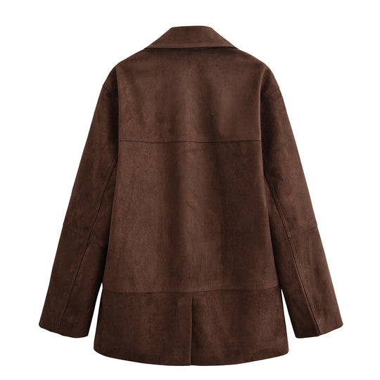 Damen Oversize Wildlederoptik-Blazerjacke mit Reverskragen und Pattentaschen Nord Taschen