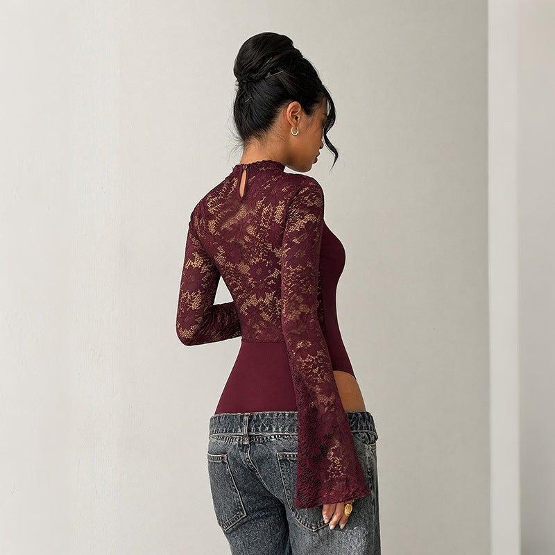 Damen Spitzen-Bodysuit mit Cut-Out, Carmen‑Optik und ausgestellten Trompetenärmeln Nord Taschen