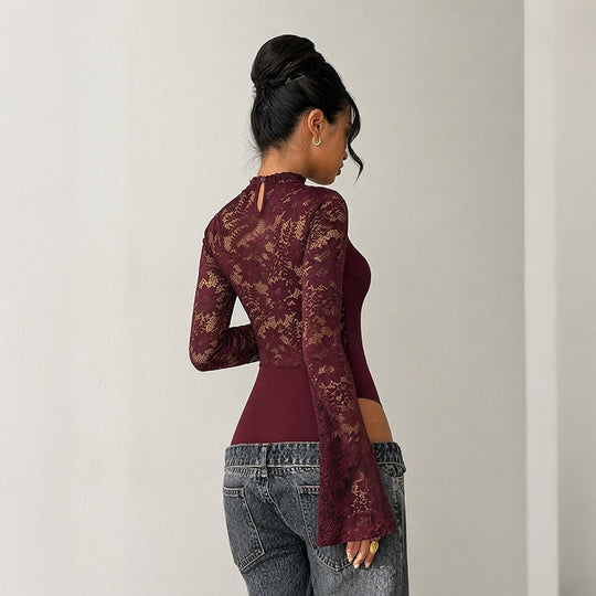 Damen Spitzen-Bodysuit mit Cut-Out, Carmen‑Optik und ausgestellten Trompetenärmeln Nord Taschen