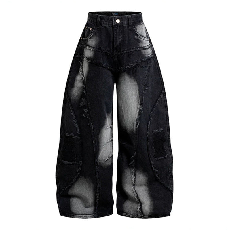 Damen Hochtaillierte weit geschnittene Destroy-Jeans mit Fransen‑Nahtdetails Nord Taschen