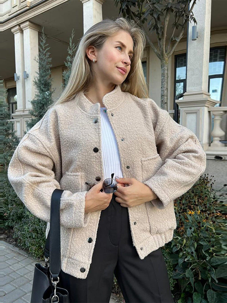 Damen Teddy-Fleece Bomberjacke im Boxy-Cut mit Druckknopfverschluss und aufgesetzten Taschen Nord Taschen