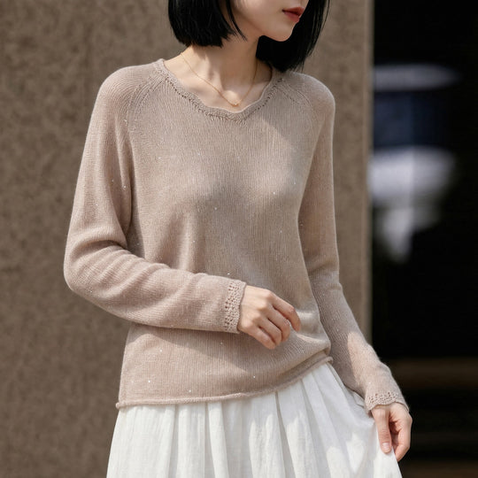 Damen leichter Feinstrickpullover mit dezenter Glitzeroptik und Raglanärmeln Nord Taschen