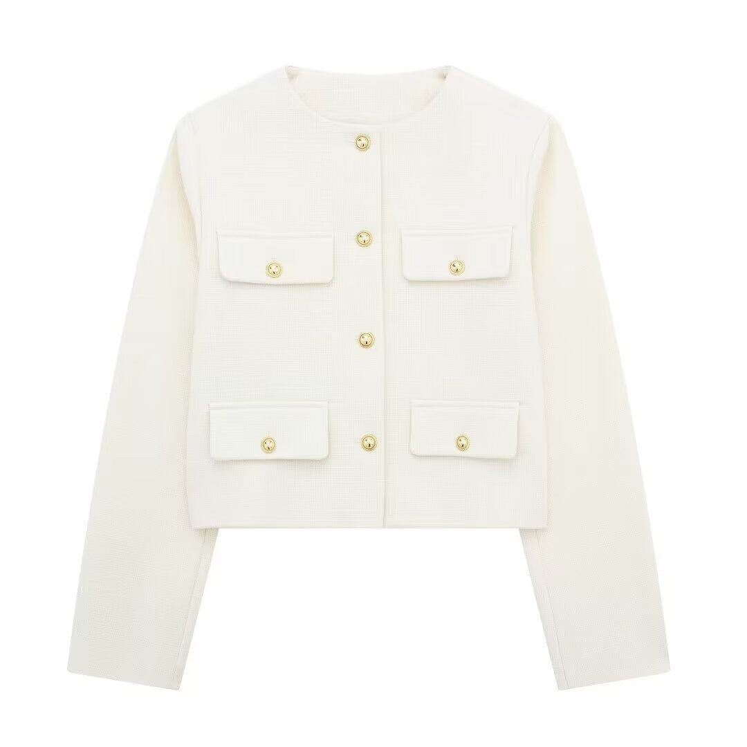 Damen Bouclé-Cropped-Jacke mit vier Pattentaschen und goldenen Schmuckknöpfen Nord Taschen